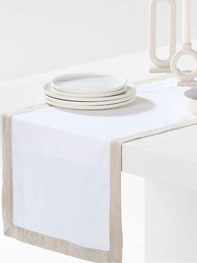 Marin 90" Natural and Cream European Linen Table Runner with Hemstitch